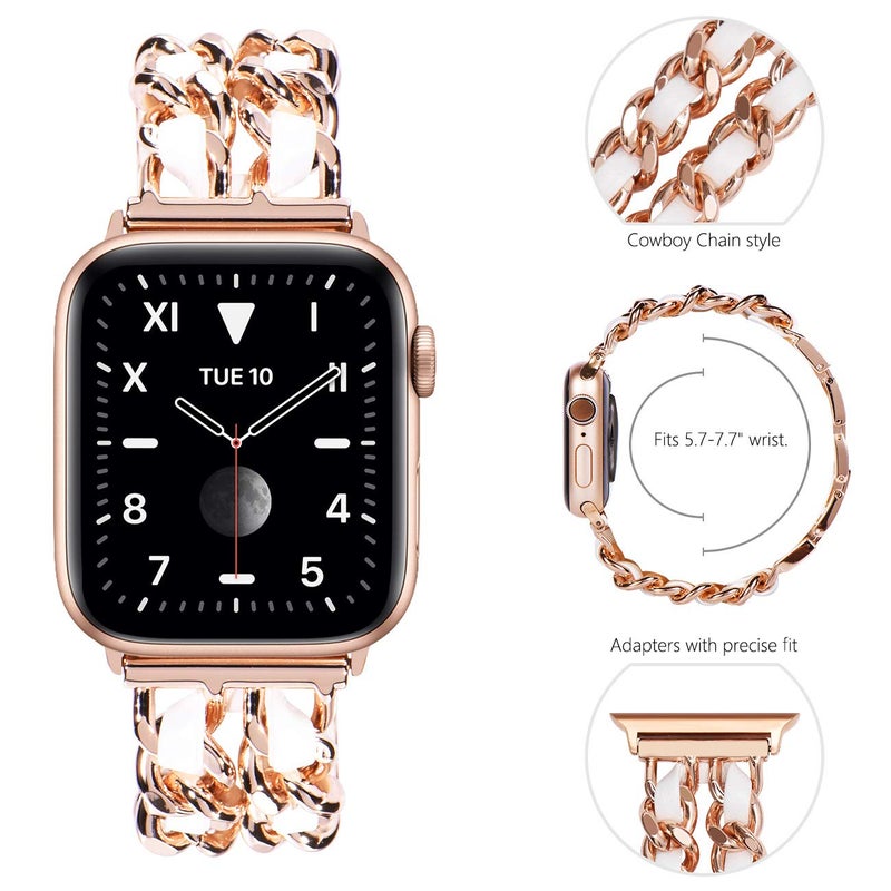 NewWays for Apple Watch Band Series 10 46mm 45mm 44mm 42mm Series3 4 5 6 7 8 9 Ultra 49mm, Jewelry Bracelet for iWatch Band for Women, Rose Gold Link with White Leather - Image 2